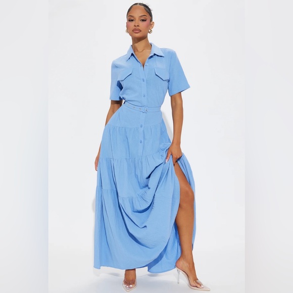 Blue Maxi Shirt Dress - Picture 1 of 8